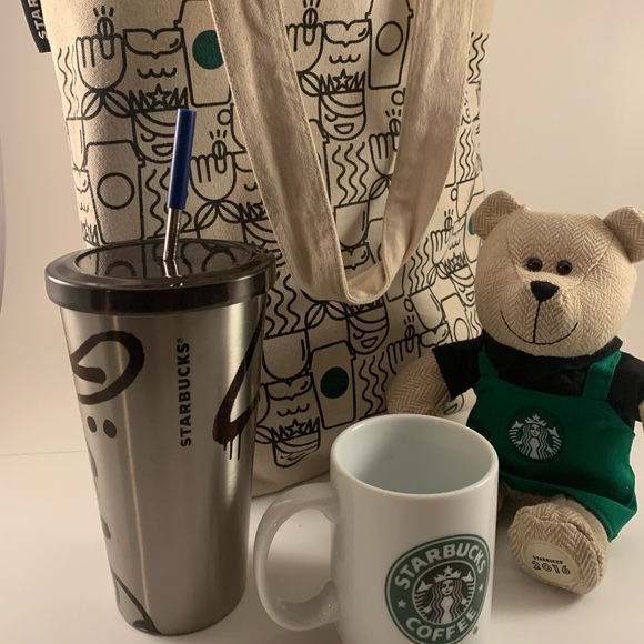 Starbucks Teddy 2016, Mug 2005, Stainless steel Tumbler 2014 and a tote bag